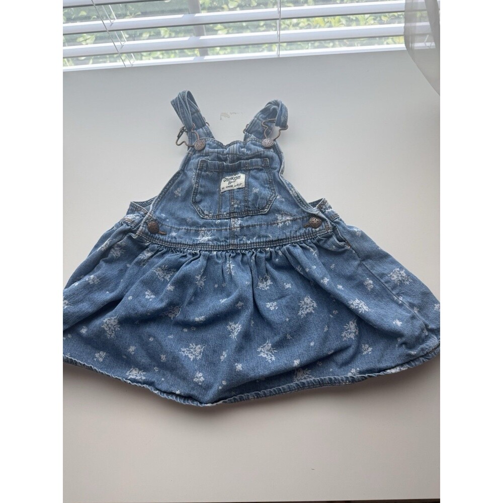 OshKosh B’gosh Denim Overall Dress Jumper 2T Floral Print Blue Chambray Skirt